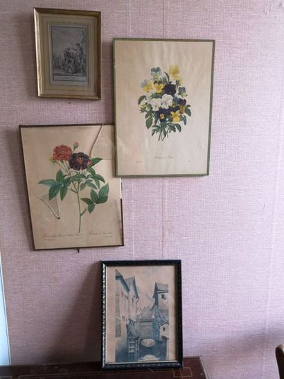 Set of four framed pieces, flowers, landscape...