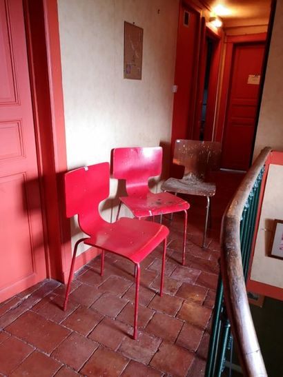 Suite of Four wooden chairs and metal legs....