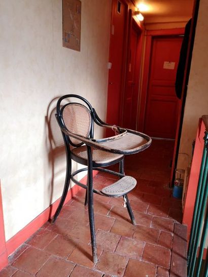 THONET, Children's high chair in black painted...