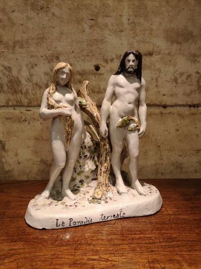 Groupe en faïence figurant Adam et Eve après...