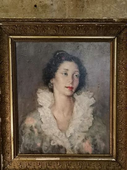 Ecole moderne, portrait de jeune femme, huile...
