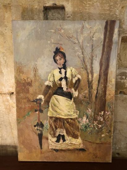 Ecole moderne, élégante au parc, huile sur...