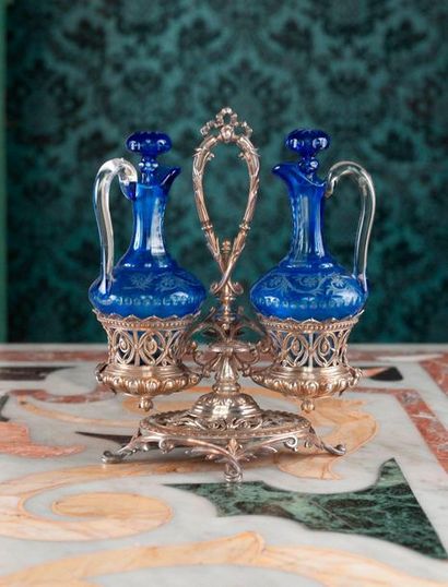 Silver oil and vinegar cruet with openwork...