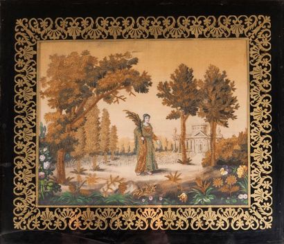 Broderie encadrée, jeune femme à la palme...