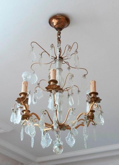 Lustre en bronze, pendeloque Xxe siècle,...