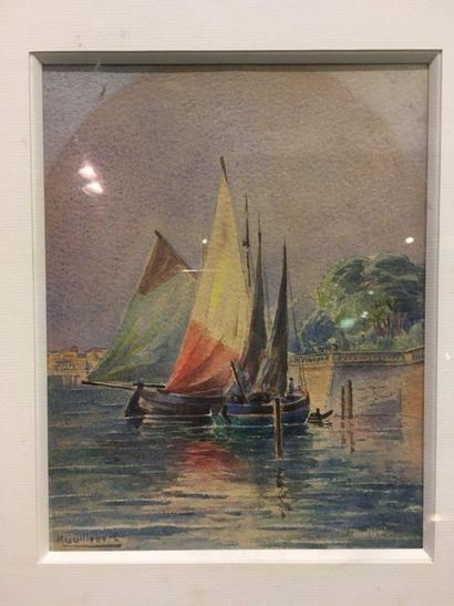 Un ensemble de pièces encadrées, deux aquarelles...