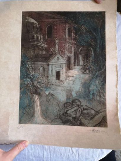 Ecole Xxe 

couple dans un paysage antique

Gravure,...