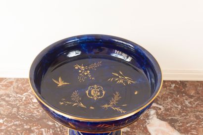 Coupe sur piédouche, fond bleu, décor d’insectes....