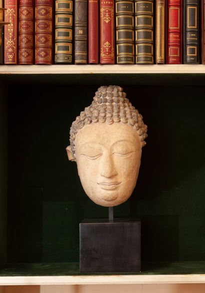 Tête de Bouddha en stuc, la chevelure teintée...