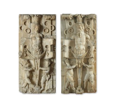 
Important pair of marble high reliefs presenting...