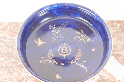 Coupe sur piédouche, fond bleu, décor d’insectes....