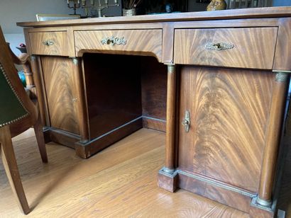 Flamed mahogany veneered flat desk, uprights...