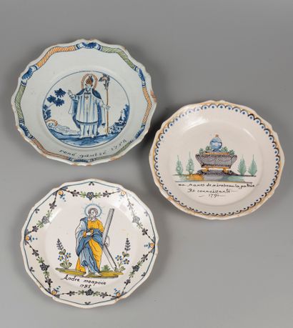 3 earthenware plates, Nevers.
