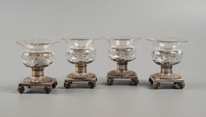 Suite of four silver and cut glass salerons.

Marked...