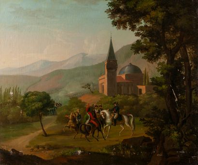 School of the 19th century.

Landscape, clock...