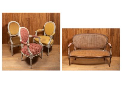 Suite of three carved and painted wood armchairs.

Louis...