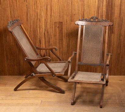 Pair of folding armchairs with cane backs...