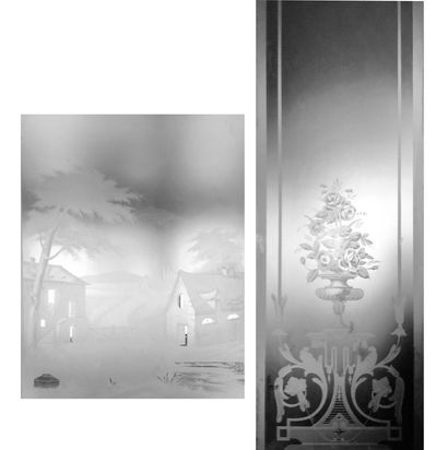 
Suite of three engraved glass tiles with...