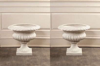 Set of three pairs of garden vases on pedestal...
