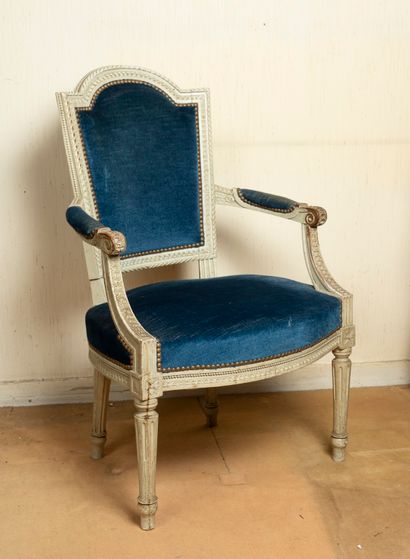 Carved and lacquered wood armchair, basket...