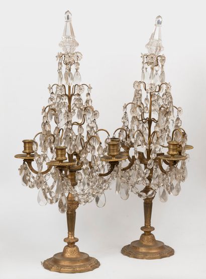 Pair of gilded bronze and crystal pendants...