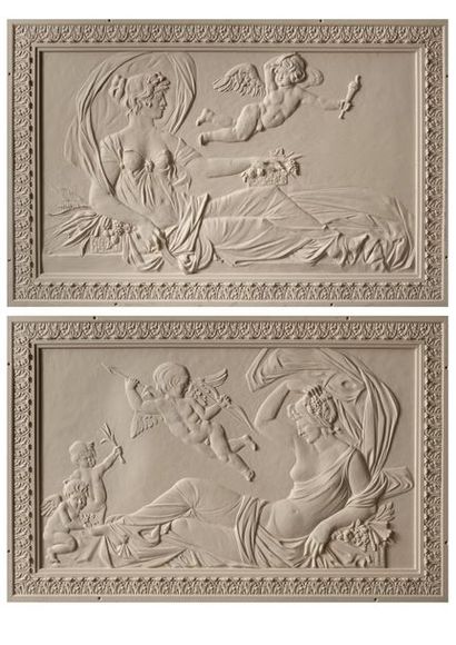 Two panels in resin imitating painted carved...