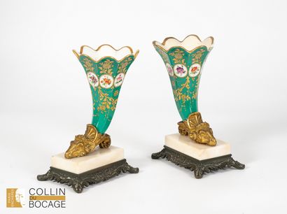 Pair of rhyton vases in enameled porcelain...