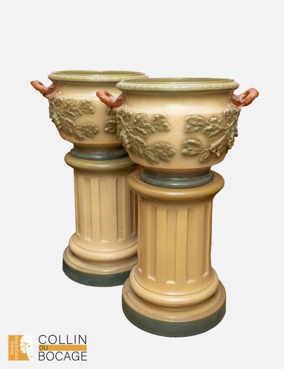Two earthenware pots decorated with oak leaves,...