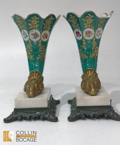 Pair of rhyton vases in enameled porcelain...