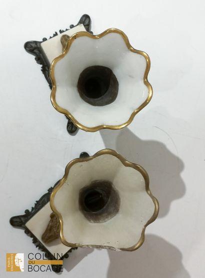 Pair of rhyton vases in enameled porcelain...