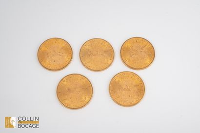 Un lot de cinq pièces de 20 dollars américains
Poids...