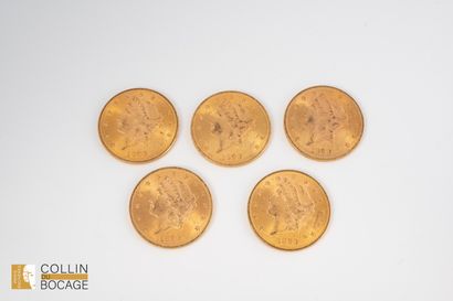 Un lot de cinq pièces de 20 dollars américains
Poids...