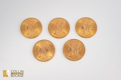 Un lot de cinq pièces de 20 dollars américains
Poids...