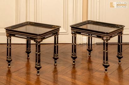 Paire de table basse en bois peint noir,...