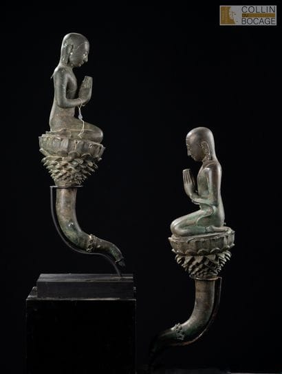 MYANMAR, 20th century. Two monks kneeling...