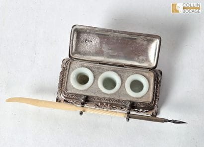 Inkwell with peacock design. Metal. Japanese-style....