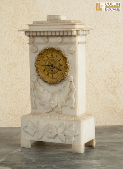Alabaster pillar clock with floral, foliage,...