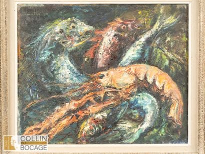 Bernard LAMOTTE (1903-1983)
Homard et poissons
Toile,...