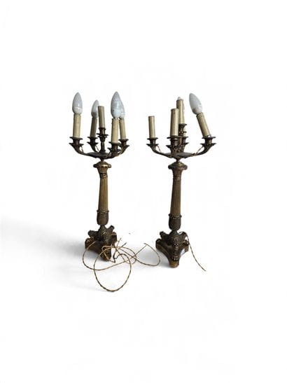 Pair of five-light candelabra, fluted shaft...