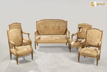Mobilier de salon en bois doré tapisserie...