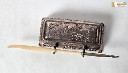 Inkwell with peacock design. Metal. Japanese-style....