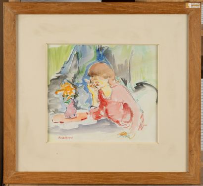 Pierre CORNU
Jeune fille au bouquet de fleurs.
Aquarelle,...