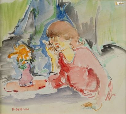 Pierre CORNU
Jeune fille au bouquet de fleurs.
Aquarelle,...