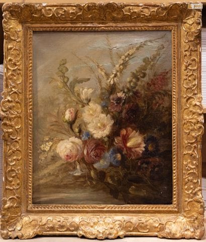 Ecole du XIXeme siècle
Fleurs 
Toile, manques
56...