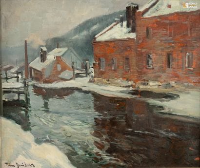 Ecole de Norvege . 
maison rouge à la rivière
Toile,...