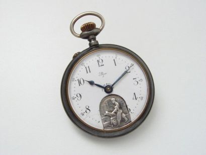Montre de poche en métal noirci, cadran émaillé...