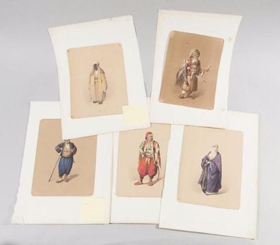 Lot de onze dessins orientalistes, aquarelles...