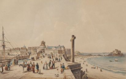 Vue de Saint Malo. Gravure en couleur