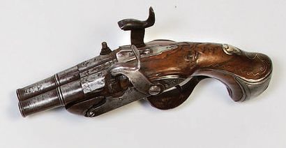 PISTOLET DOUBLE À SILEX TRANSFORMÉ À PERCUSSION...