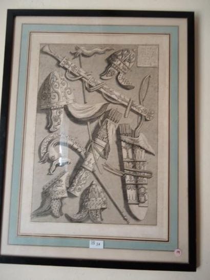 Gravure en noir, Etude de carquois et casques,...